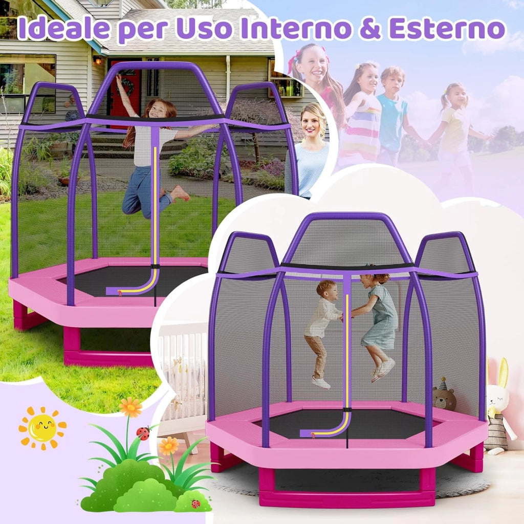 Trampolino Elastico per Bambini 223 cm, Tappeto Elastico per Bambini da Esterno ed Interno con Rete e Cuscinetto a Molle, Portata150 kg, Adatto ai Bambini 3+ Anni