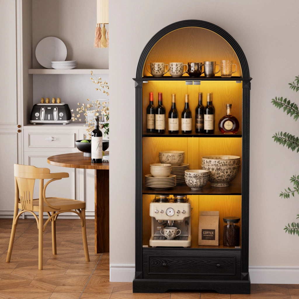 Vetrina ad arco in MDF e vetro con LED a sensore; 80 × 35 × 180 cm; nera