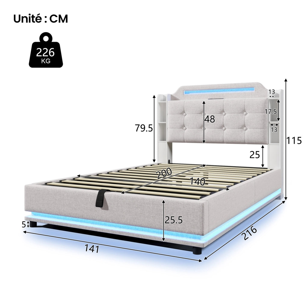 Letto Contenitore 140 x 200 cm - LED; USB; Tipo C e Vani Portaoggetti - Lino - Beige