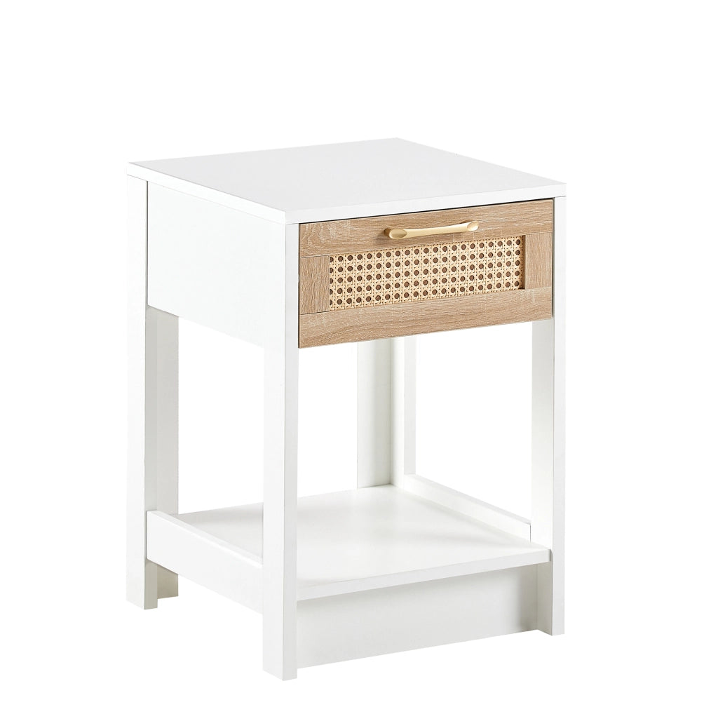 Comodino con cassetto; finitura rattan; in MDF; naturale e bianco