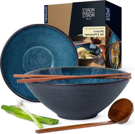 Tazza Ramen in Ceramica - 500 ml - 24 cm Ø - Set di Tazze Ramen per 2 Persone - Per zuppa Pho e Sushi - Incluso Spiedini e Cucchiaio