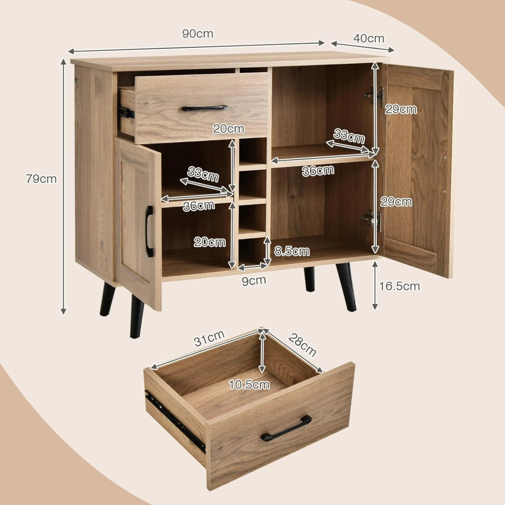 Credenza da Cucina con Porta Vino per 6 Bottiglie, 90 x 40 x 79 cm, Mobile da Bar con 2 Ante e 1 Cassetto, Ripiani Regolabili, per Sala da Pranzo e Soggiorno (Naturale)