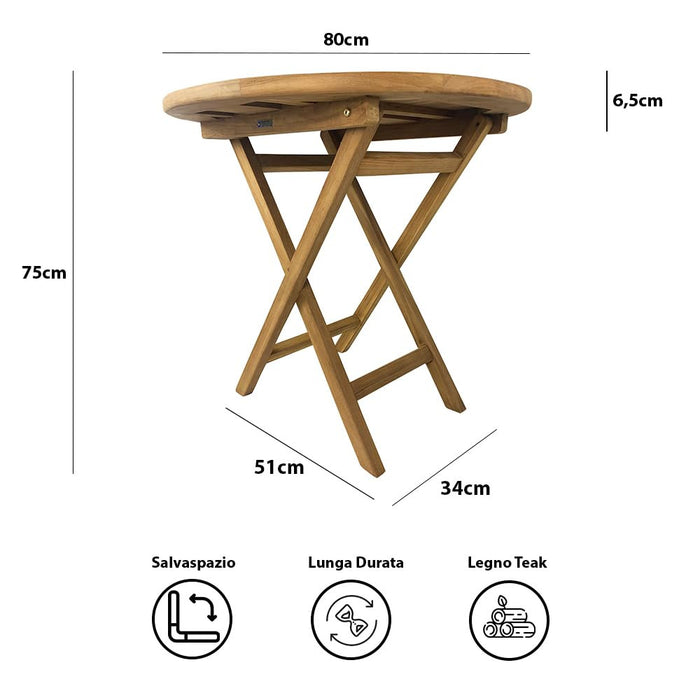 Tavolo Pieghevole Rotondo Artù da Esterno Ø80 cm in Teak