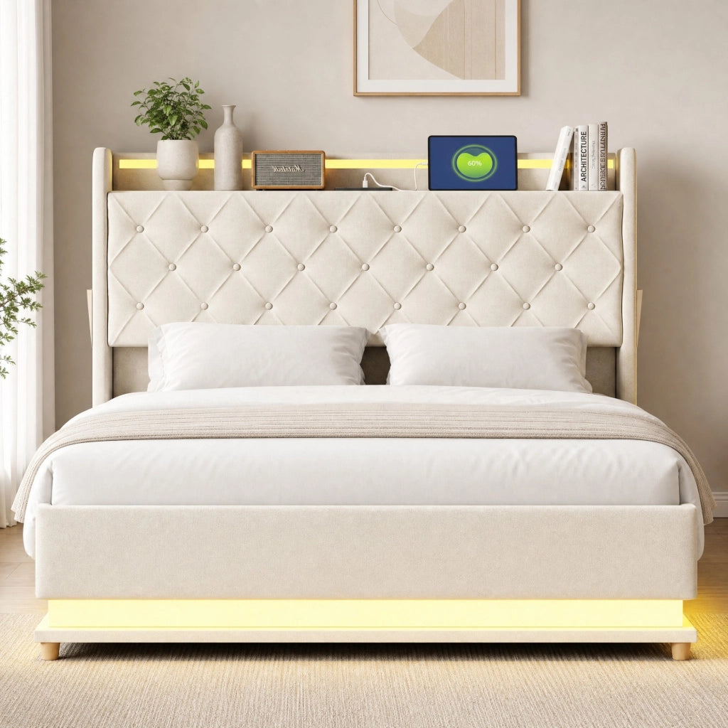 Letto imbottito LED 140x200 cm con porta USB; contenitore idraulico e tessuto effetto lino beige