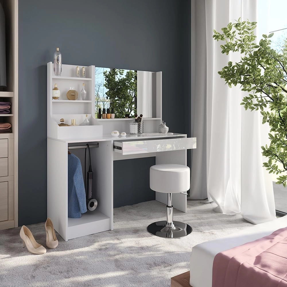 Tavolo da toeletta Sherry, Bianco/bianco lucido, 119.8 cm 4 parti