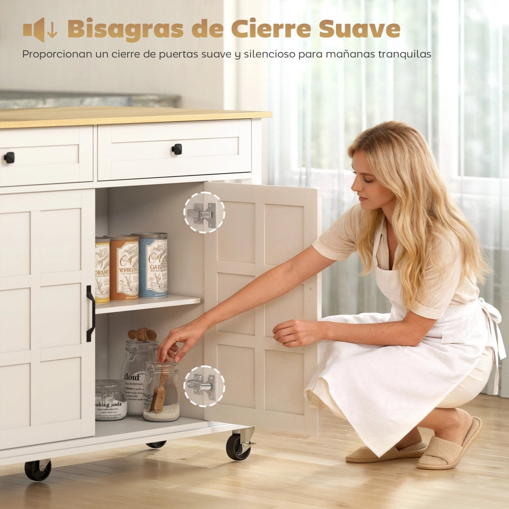 Carrello da Cucina con Ruote ¨C Xylo ¨C Piano Pieghevole 2 Ante 2 Cassetti 6 Ripiani Bianco
