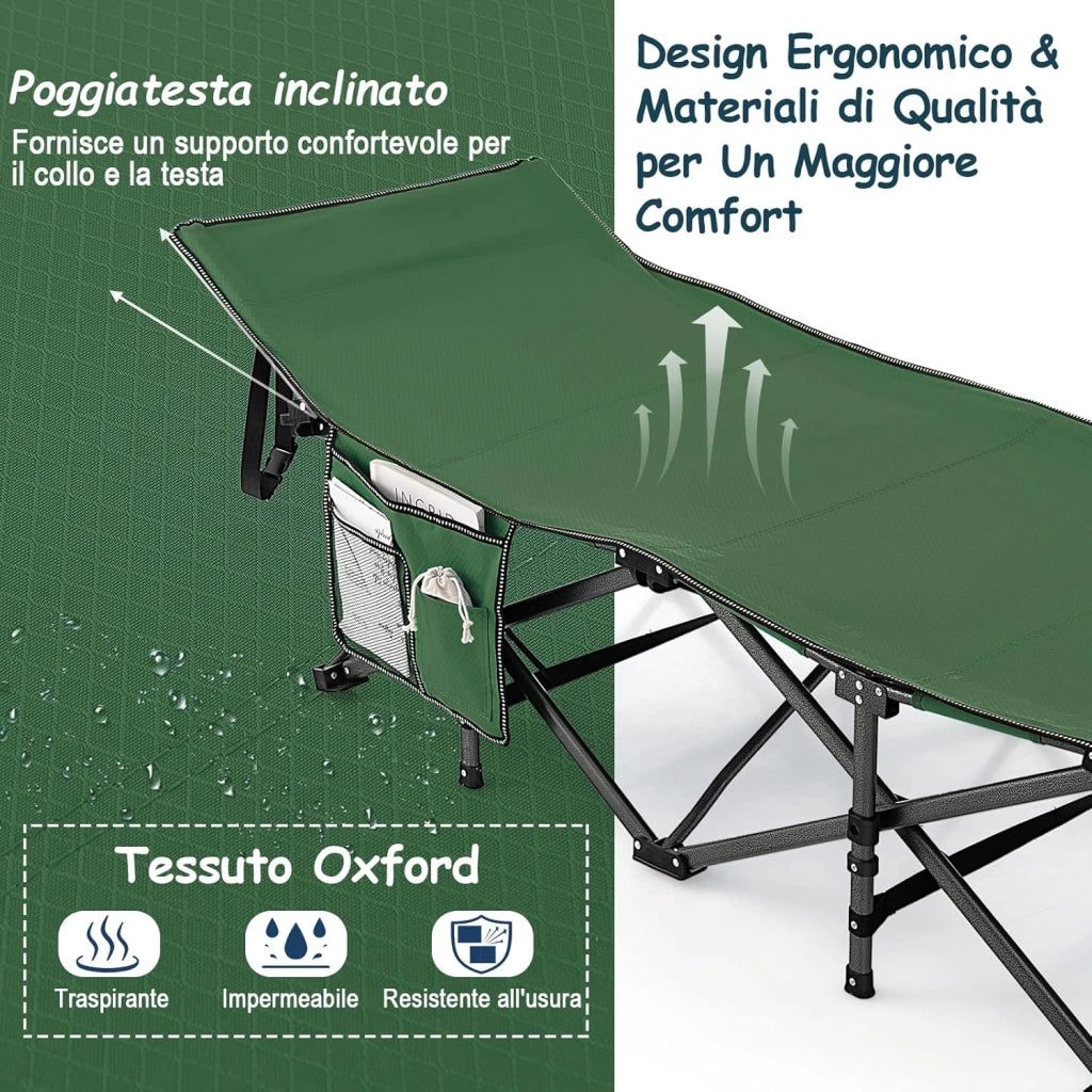 Brandina da Campeggio Pieghevole, Letto Portatile con Poggiatesta Inclinato, Tasca Laterale e Borsa di Trasporto, Branda Campeggio per Backpacking, Ospiti e Pesca, Portata 272 kg (Verde)