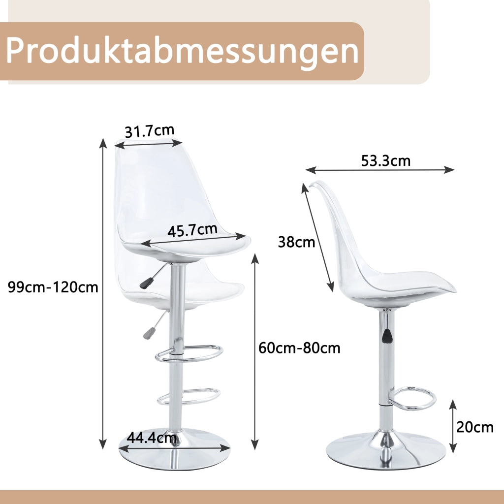 Set di 2 Sgabelli da Bar Regolabili; Girevoli a 360° con Schienale Trasparente; Metallo e Plastica; Argento e Trasparente