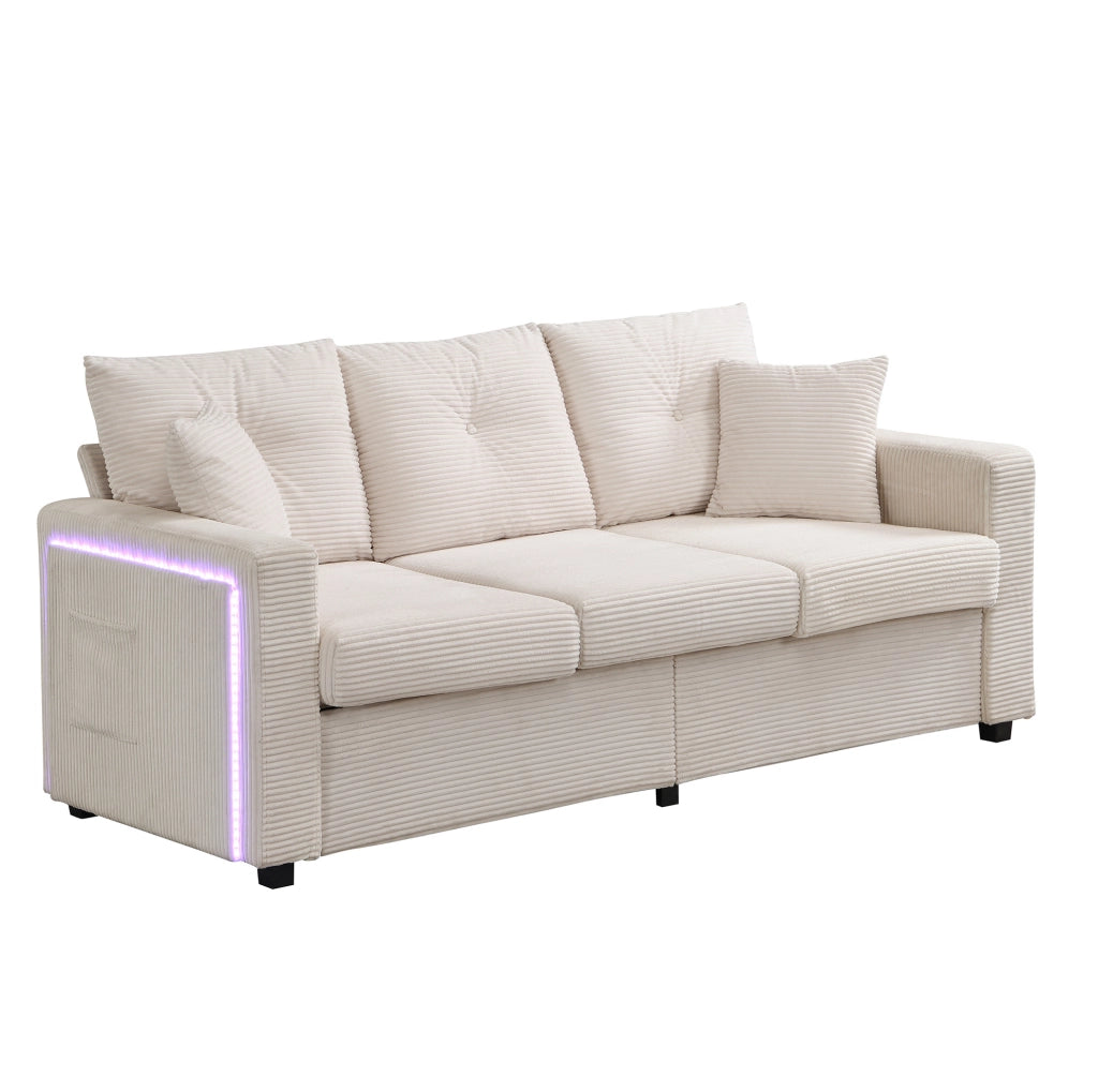 Divano modulare a L in velluto a coste beige con LED e pouf