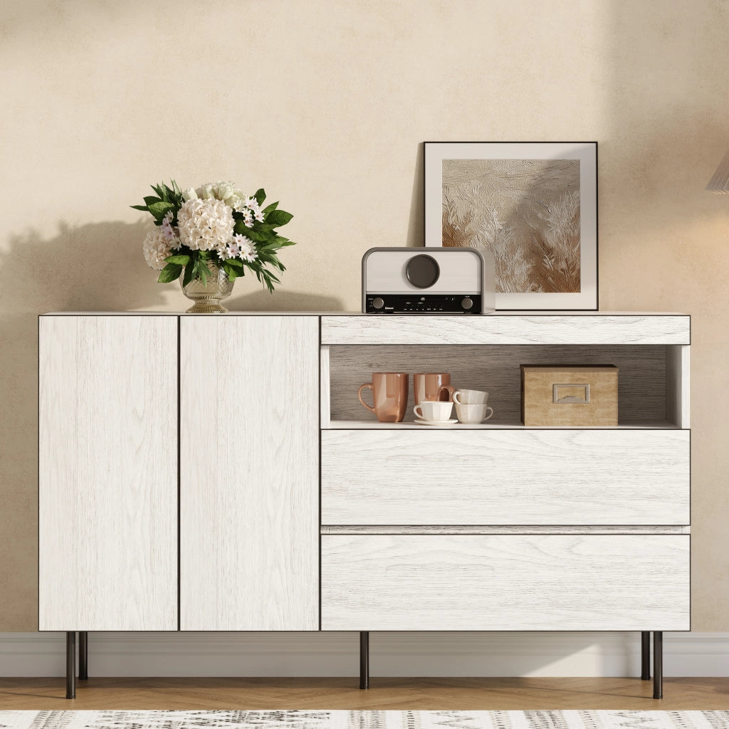 OKWISH Credenza con 2 Ante, 2 Cassetti e Ripiani Aperti, Chiusura Ammortizzata, per Soggiorno, 140 x 42 x 77 cm, Bianca