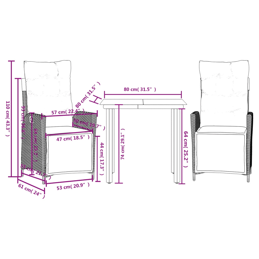 Set da Pranzo da Giardino 3 pz con Cuscini in Polyrattan Grigio