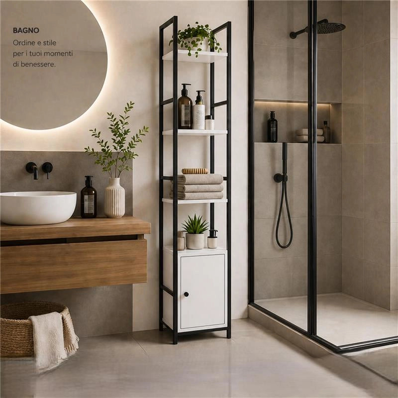 SCAFFALE STILE INDUSTRIAL IN LEGNO E METALLO CON 3 RIPIANI E 1 ANTA DIMENSIONI 29X24X144CM - COLORE BIANCO LEGNO