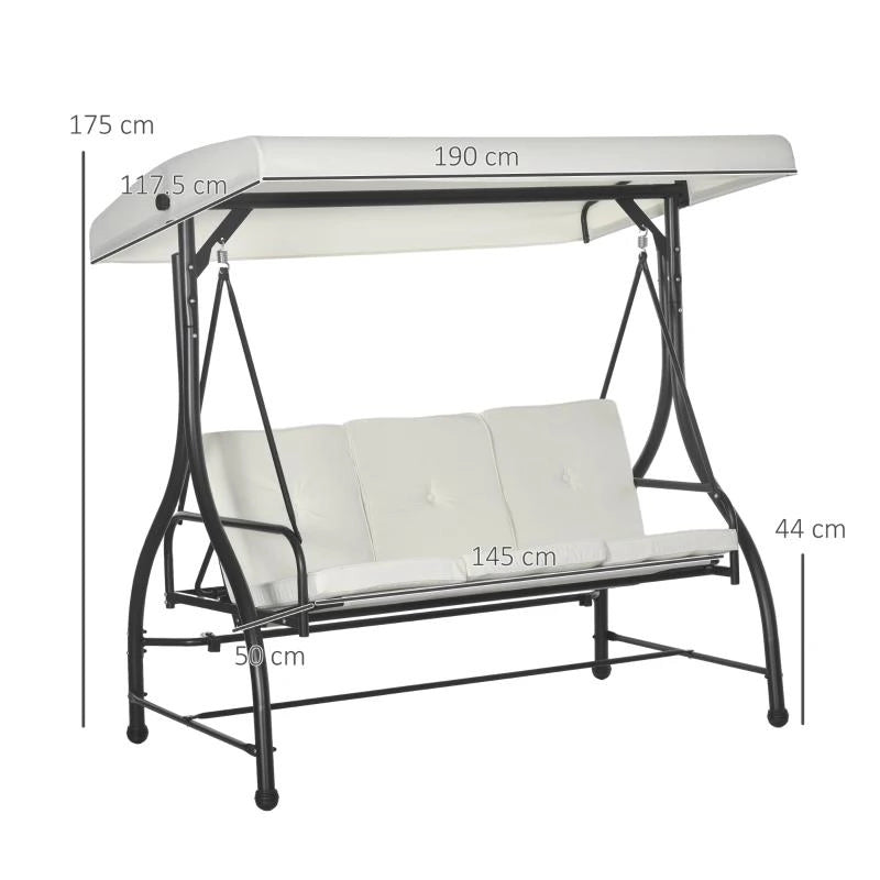 DONDOLO LETTO DA GIARDINO 3 POSTI CON TETTUCCIO REGOLABILE, IN ACCIAIO E POLIESTERE, 195X117X175 CM, CREMA E NERO