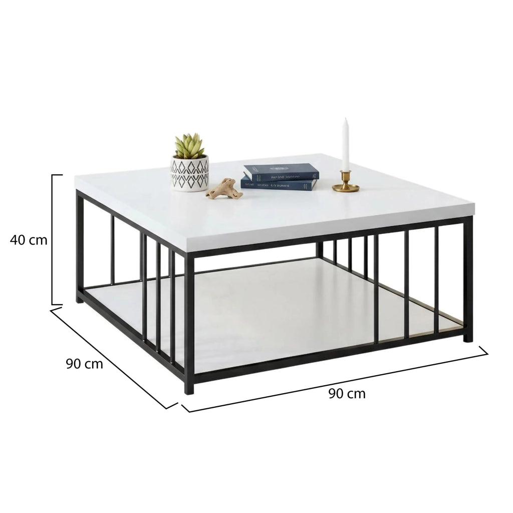 Tavolino da salotto Raiden, Tavolo basso da caffè, Portariviste per divano, Ripiano da soggiorno, 90x90h40 cm, Bianco e Nero