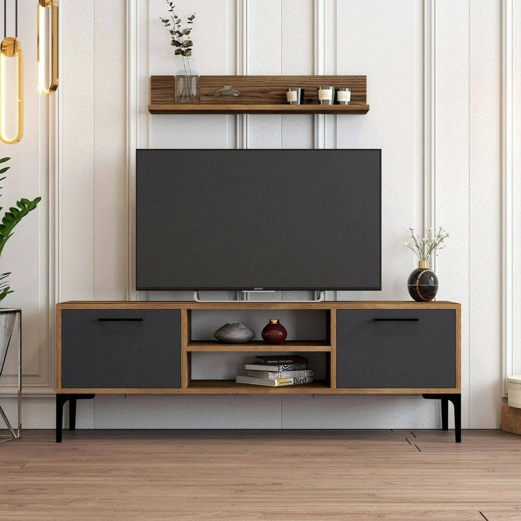 Mobile porta TV sri, Credenza da soggiorno, Armadio basso per TV, Base parete attrezzata, 140x30h48 cm, Noce e Antracite