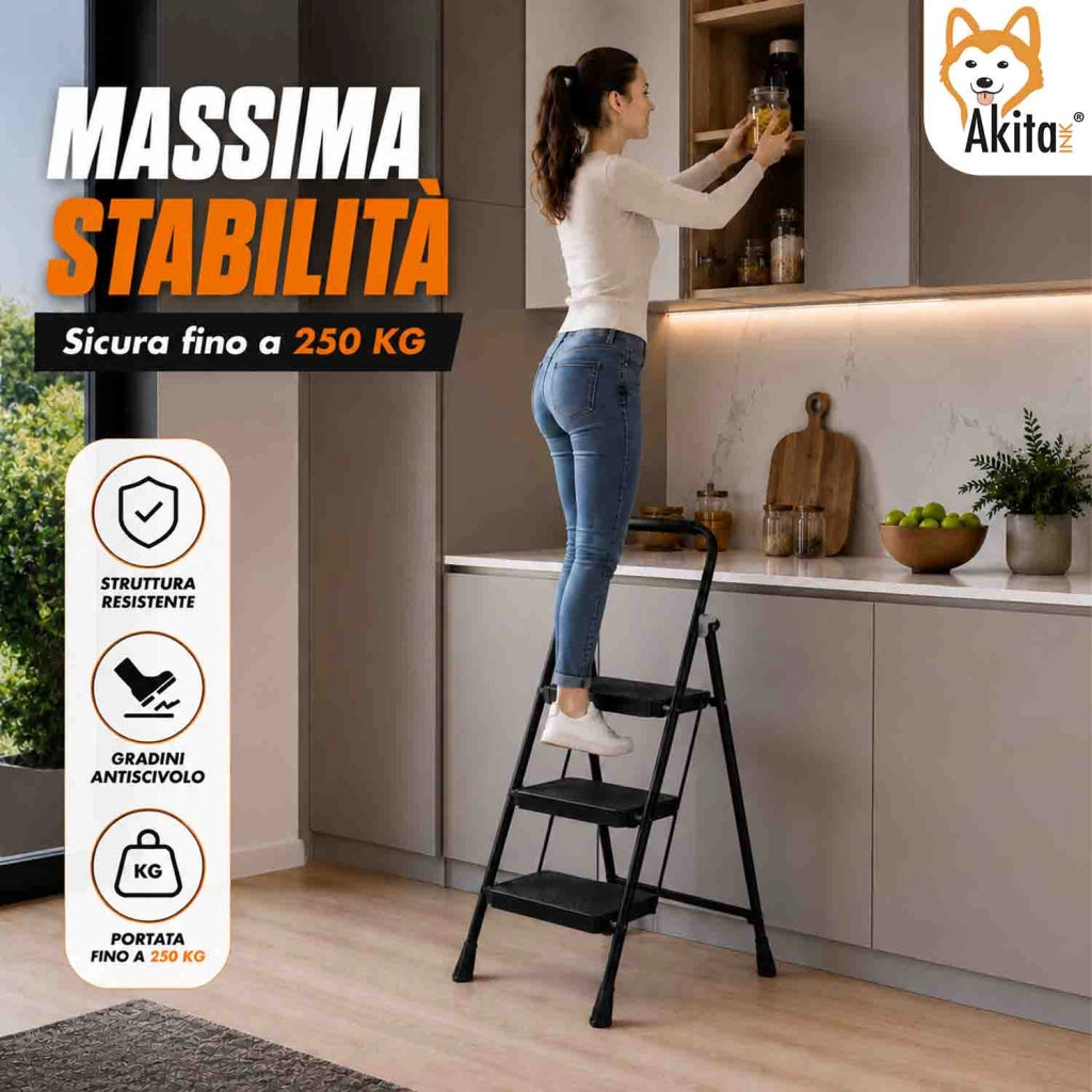 Akitaink Scaletta Acciaio 3 Gradini Pieghevole Nera 250 Kg