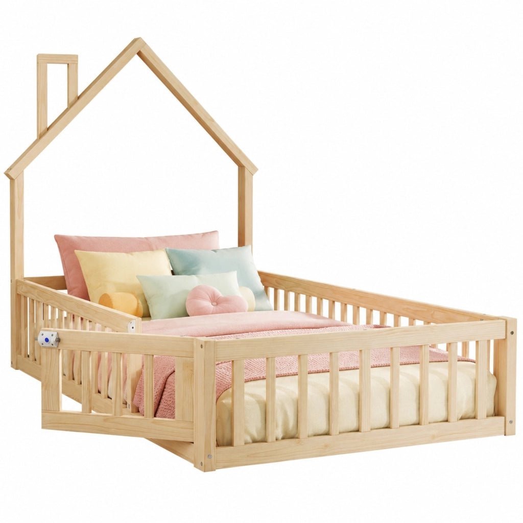 Letto casetta per bambini 90x200 cm con forma camino; in pino e MDF; naturale