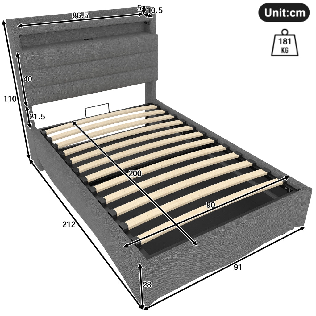 Letto imbottito 90x200 cm in lino grigio con LED, USB e Tipo-C, contenitore idraulico, senza materasso