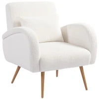 Poltrona imbottita con Rivestimento in Pile, Braccioli e Cuscino Lombare, Gambe in metallo, Bianco crema