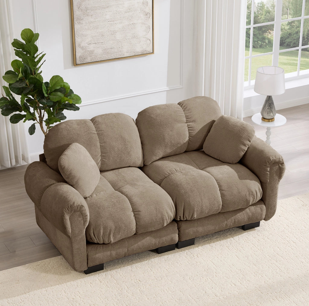Divano modulare 2 posti 190x86x90 cm in chenille marrone con cuscini trapuntati