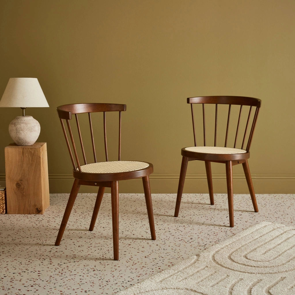 Set di 2 sedie in legno e rattan intrecciato, stile vimini, marrone