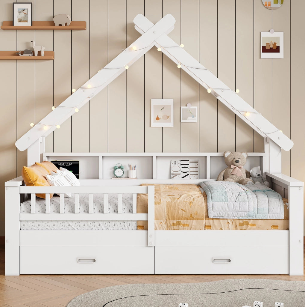 Letto a casetta per bambini 90x200 cm con LED; ripiani; 2 cassetti e sponde; bianco