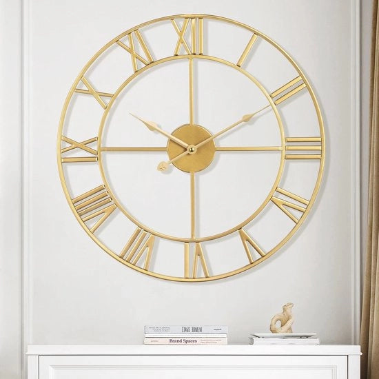 Oro grande orologio da parete moderno con numeri romani, rotondo, orologio da parete silenzioso in metallo con funzione anti-tictac per soggiorno, cucina, camera da letto, decorazione esterna - oro 40 cm