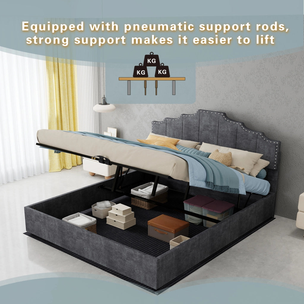 DESMIU Letto matrimoniale 160 × 200 cm in tessuto e metallo, testiera geometrica, senza materasso, grigio