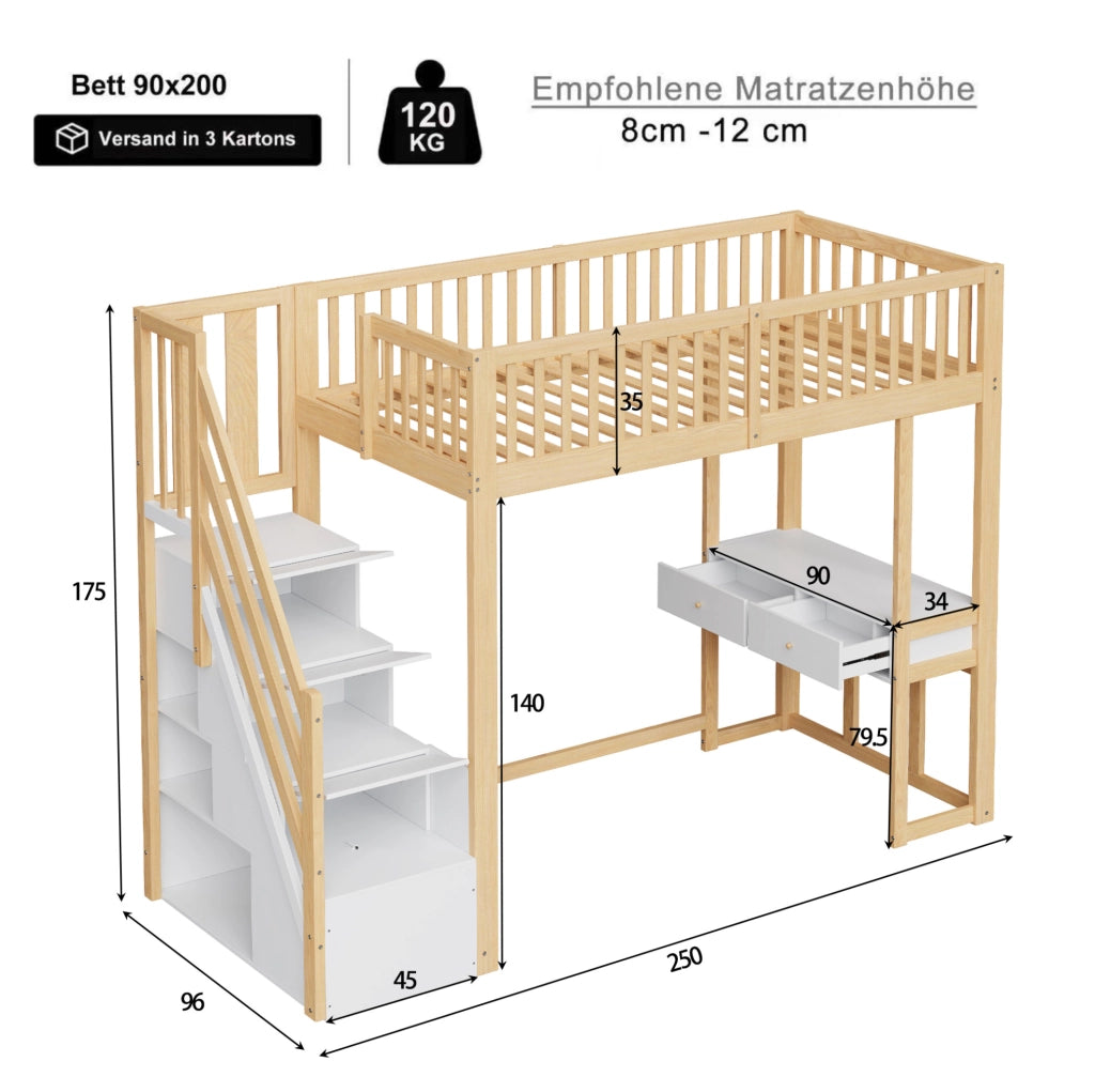 Letto a soppalco 90x200 cm con tavolo multifunzione; scala contenitore; in pino bianco e rovere chiaro