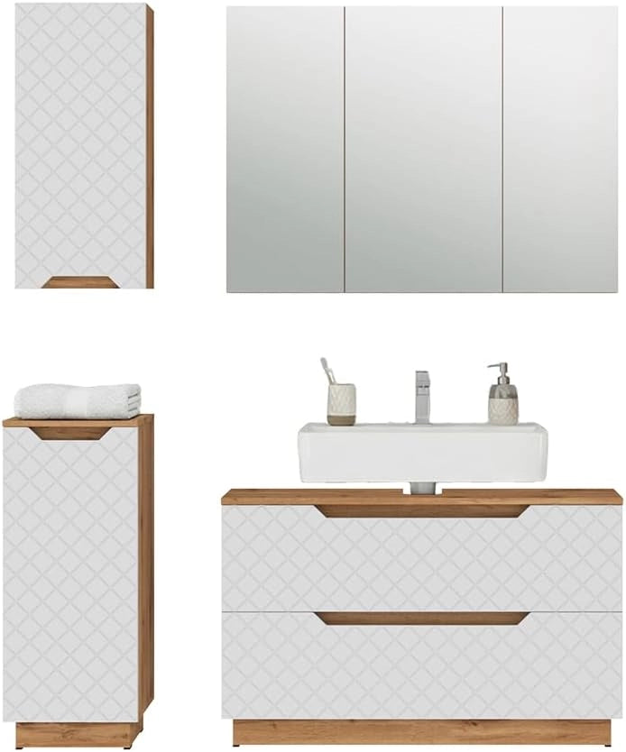Set di mobili da bagno Lotta, Rovere/bianco con struttura in piastrelle, 4 parti