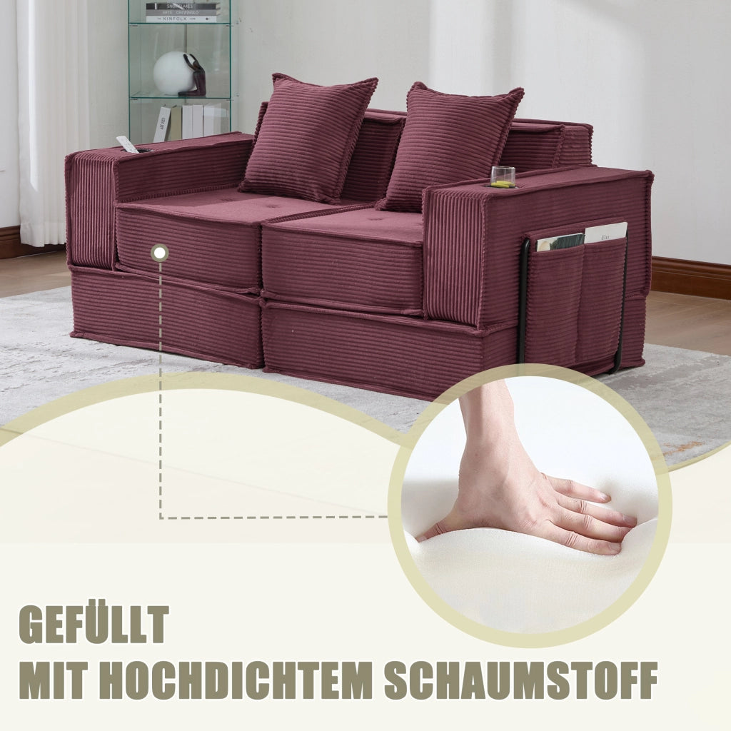 Pouf modulare con tasche laterali cuscini e seduta ergonomica in velluto a coste rosso vino 162 × 78 × 66 cm