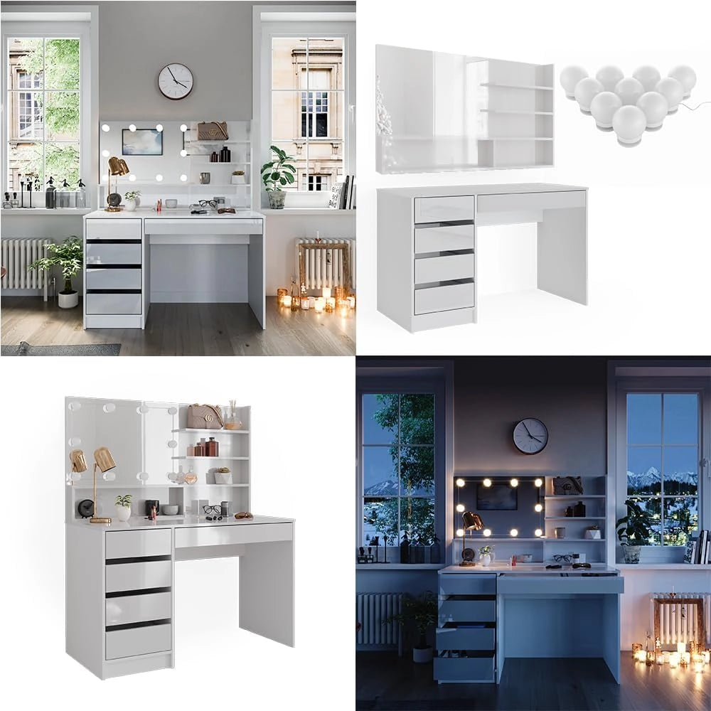 Tavolo da toeletta Sherry, Bianco, 120 cm con illuminazione a LED e ripiano a specchio, per l'organizzazione di cosmetici e accessori
