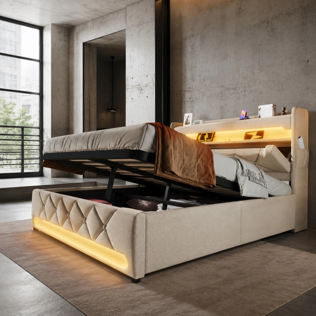 Letto matrimoniale 160x200 cm in lino beige con contenitore idraulico; LED 360掳; USB e Type-C
