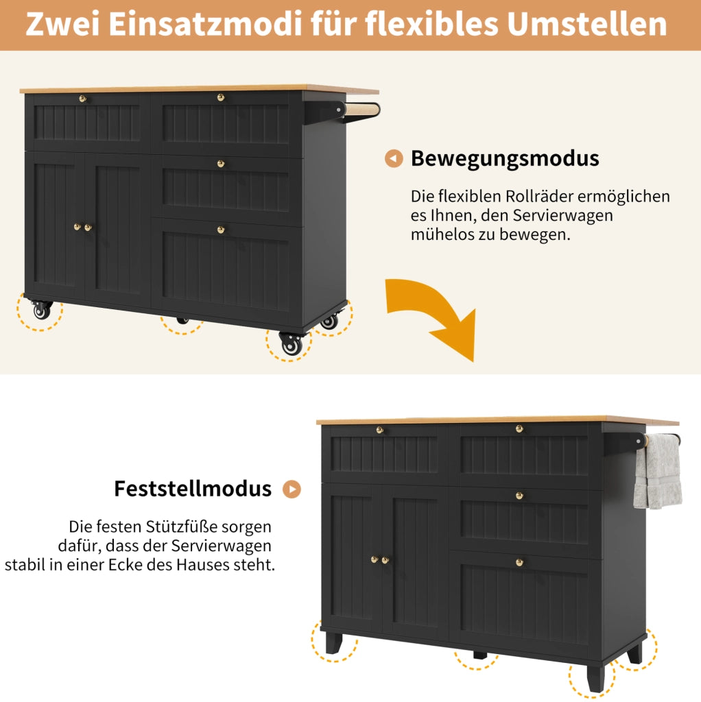Isola da cucina mobile pieghevole in MDF nero con ruote