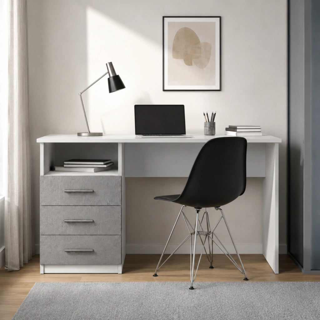 Scrivania con 3 Cassetti E Ripiano Lipsia Scrittoio da Studio o Ufficio Mobile Desk da Soggiorno Sala da Pranzo 120 x 72 x 48 cm Colore Bianco e Grigio Cemento