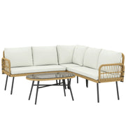 Set 4 Pezzi Salotto da Giardino con 2 Divani 2 Posti Angolari e Tavolino da Caffè in Acciaio e Rattan Legno e Crema
