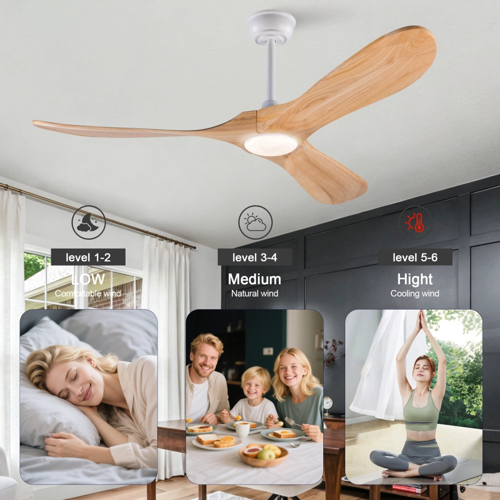 Ventilatore da soffitto da 52 pollici con luce LED; telecomando e 3 pale in legno massello