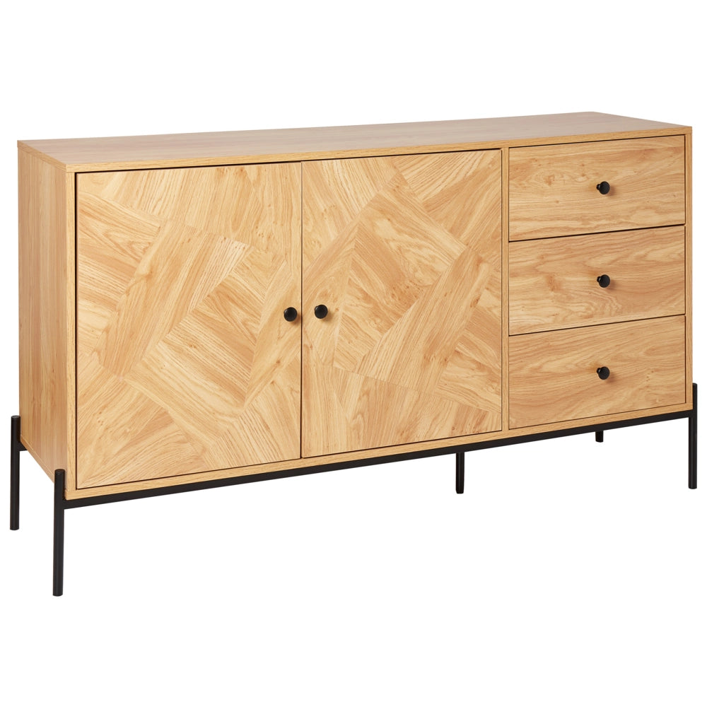Credenza in legno chiaro con base in metallo nero con cassetti, scomparti e porte, cassettiera, soggiorno retrò