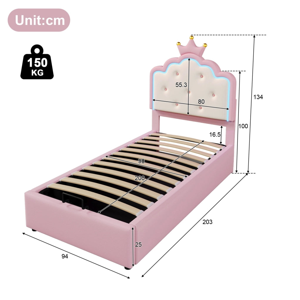 Letto per bambini imbottito 90x200 cm in PU e MDF con luce LED e contenitore; rosa