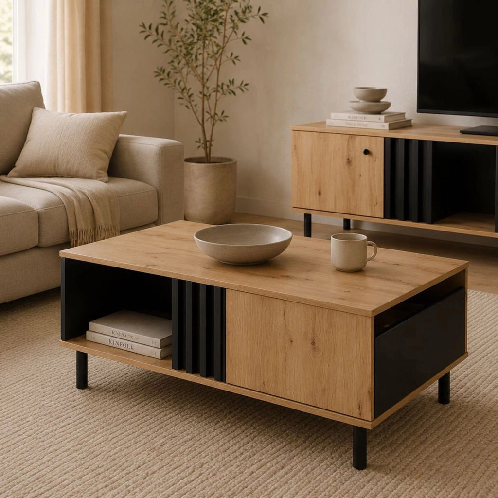 Kasese, Tavolino da Salotto un Cassetto, 100x60x4h cm Marrone Rovere Nodi