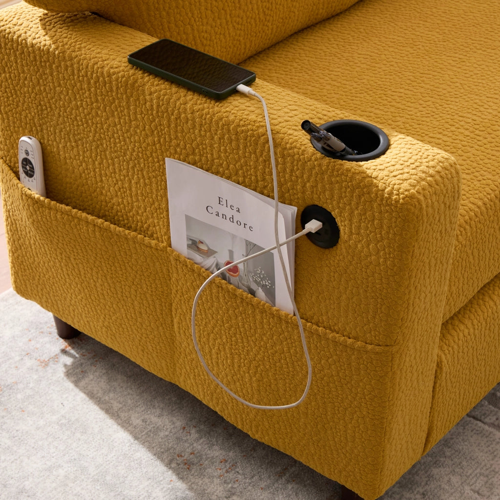 Divano diritto 2 posti con USB-C, LED, tasche laterali e portabicchieri in Chenille giallo senape