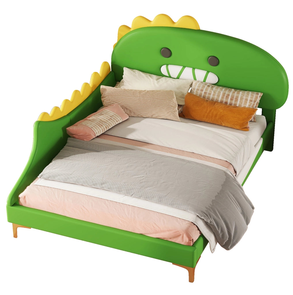 Letto per bambini 140x200 cm a forma di dinosauro; PU verde