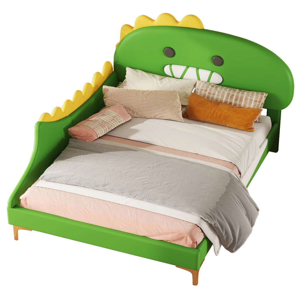 Letto per bambini 140x200 cm a forma di dinosauro; PU verde
