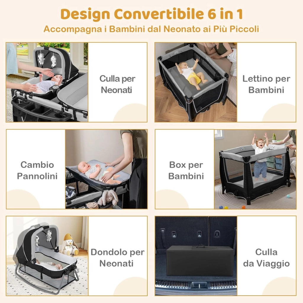 6 in 1 Lettino da Campeggio per Bambini, Culla Viaggio con Materasso, Fasciatoio e Giocattolo, Box Portatile Pieghevole, Ruote Bloccabili, per Banbini 0-3 Anni (Grigio, 105,5 x 73,5 x 77 cm)
