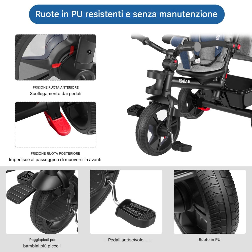 Triciclo per Bambini 5in1 Cappottina Pedali e Manico Antiscivolo Ergonomico Blu
