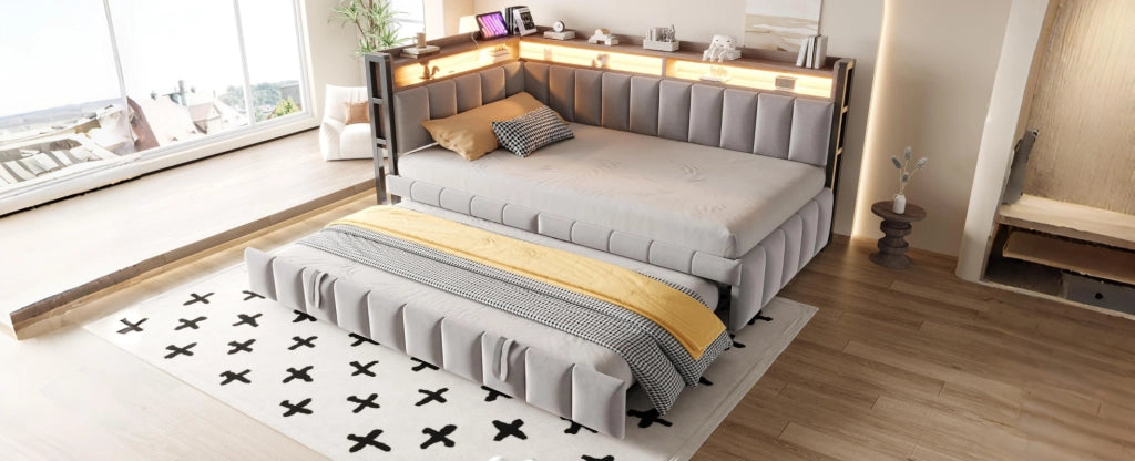 Divano letto imbottito 90x200 cm grigio con letto estraibile, LED, USB e Type-C