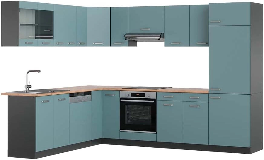Cucina angolare completa R-Line, Blu-grigio/antracite, 287 x 60 cm, PL Rovere, per l'espansione personalizzata con moduli aggiuntivi compatibili