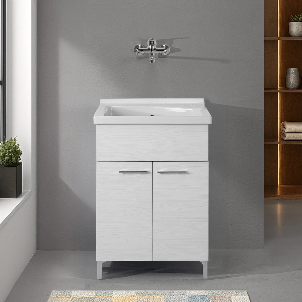 Mobile lavatoio 60x60cm bianco frassino con due ante e vasca in ceramica Revine