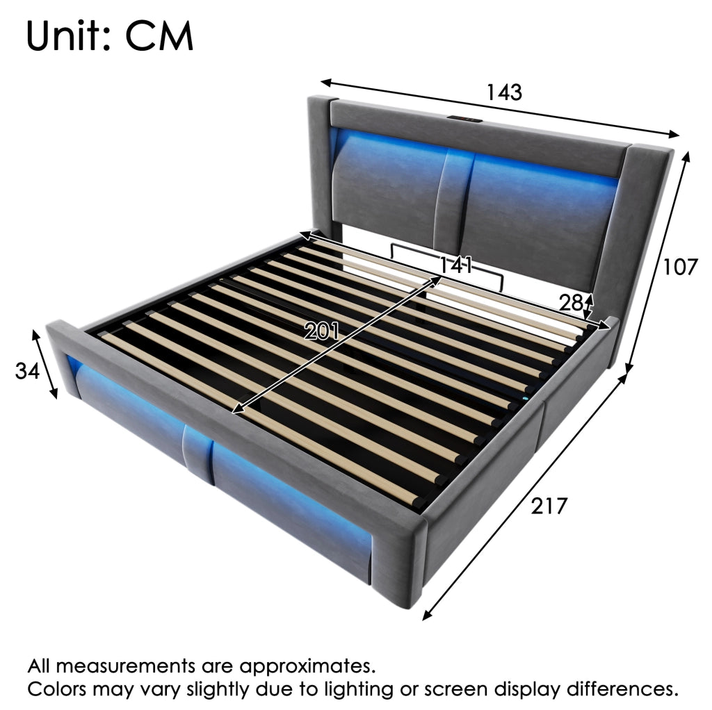 Letto matrimoniale 140x200 cm in velluto grigio con contenitore; LED; USB e Type-C; con materasso