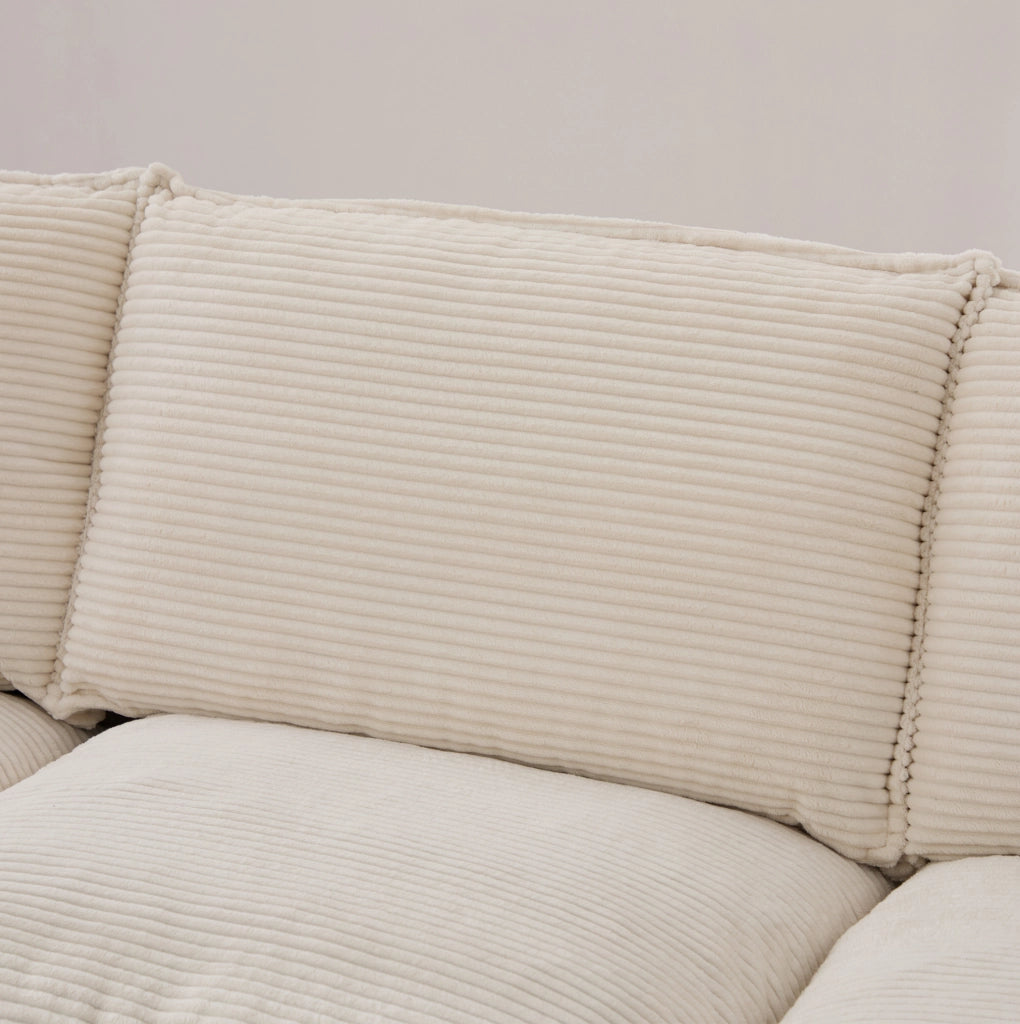 Divano modulare 3 posti in corduroy beige con USB-C e pouf; 260x132x84 cm